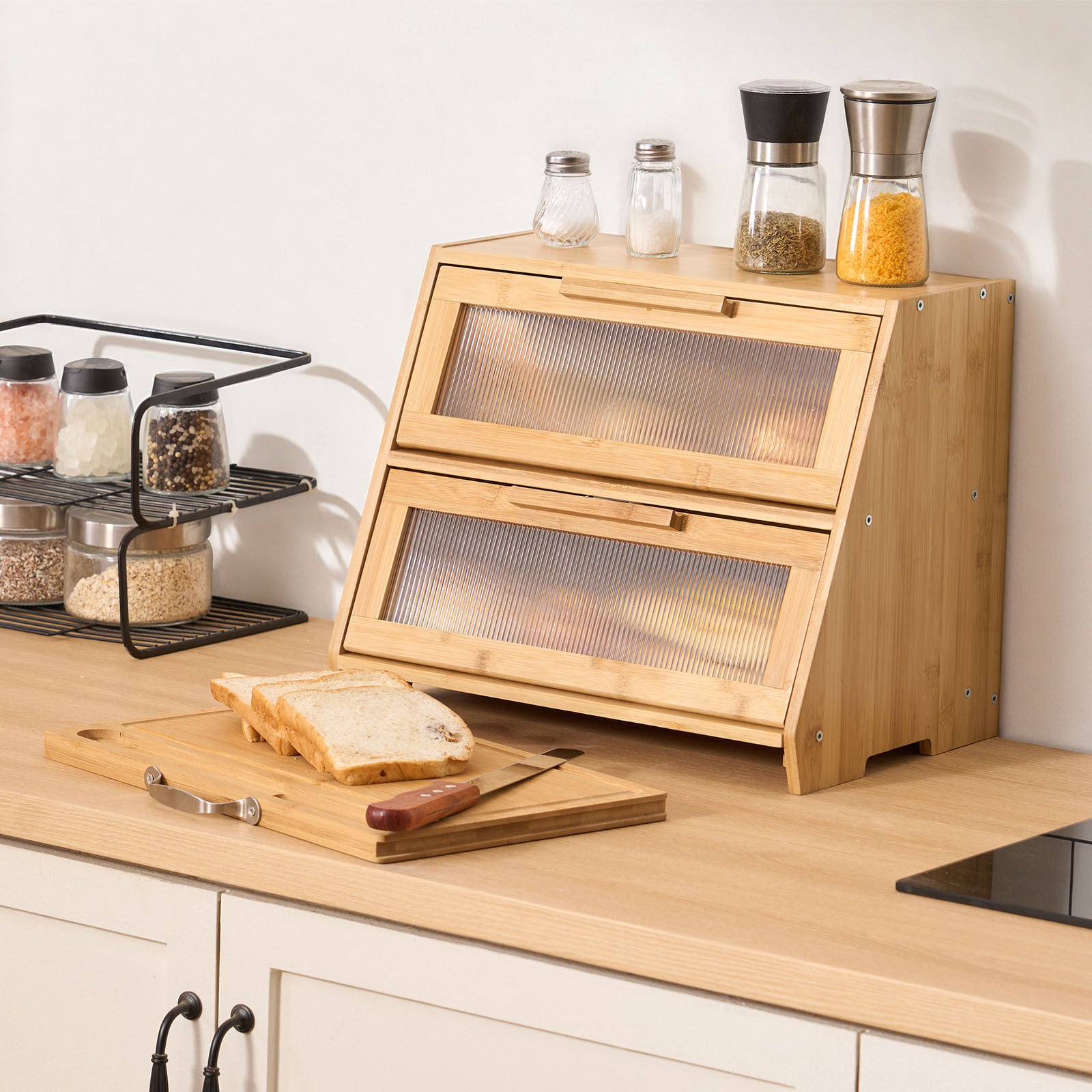 Space-Saving Countertop Bread Storage Box – fresh-bread countertop organization, VEVOR Bread Box for Kitchen Counter Large Capacity Bamboo Storage Container Single-layer Double-layer Black, designed for American homes, daily convenience and practical