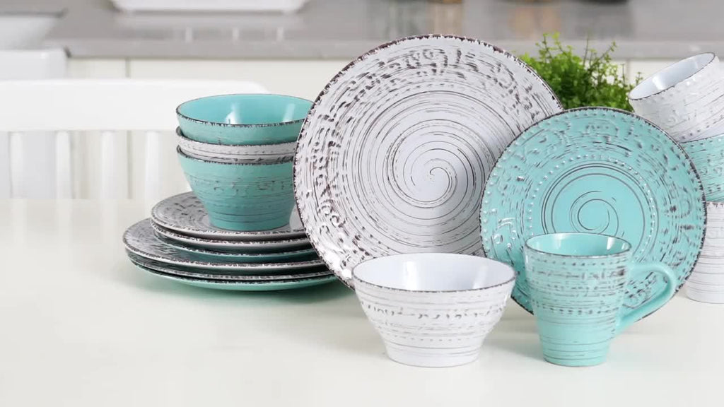 [Gifts Weddings Anniversaries] 16pcs Dinnerware Set Service for 4, Blue & Coffee Color Stoneware Set, Bowls Set, Dishes Set, Including Dinner Plates, Dessert Plates, Salad Bowls And Mugs. Chip & Scratch Resistant. Dishwasher & Microwave Safe. Gifts for We