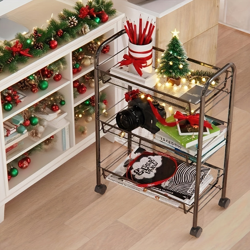 3-Tier Metal Rolling Cart - Mesh Wire Easy Assemble Utility Cart, Storage Trolley on Wheels with 3 Hooks, Metal Storage Shelving Units for Kitchen, Bathroom, and Laundry Room