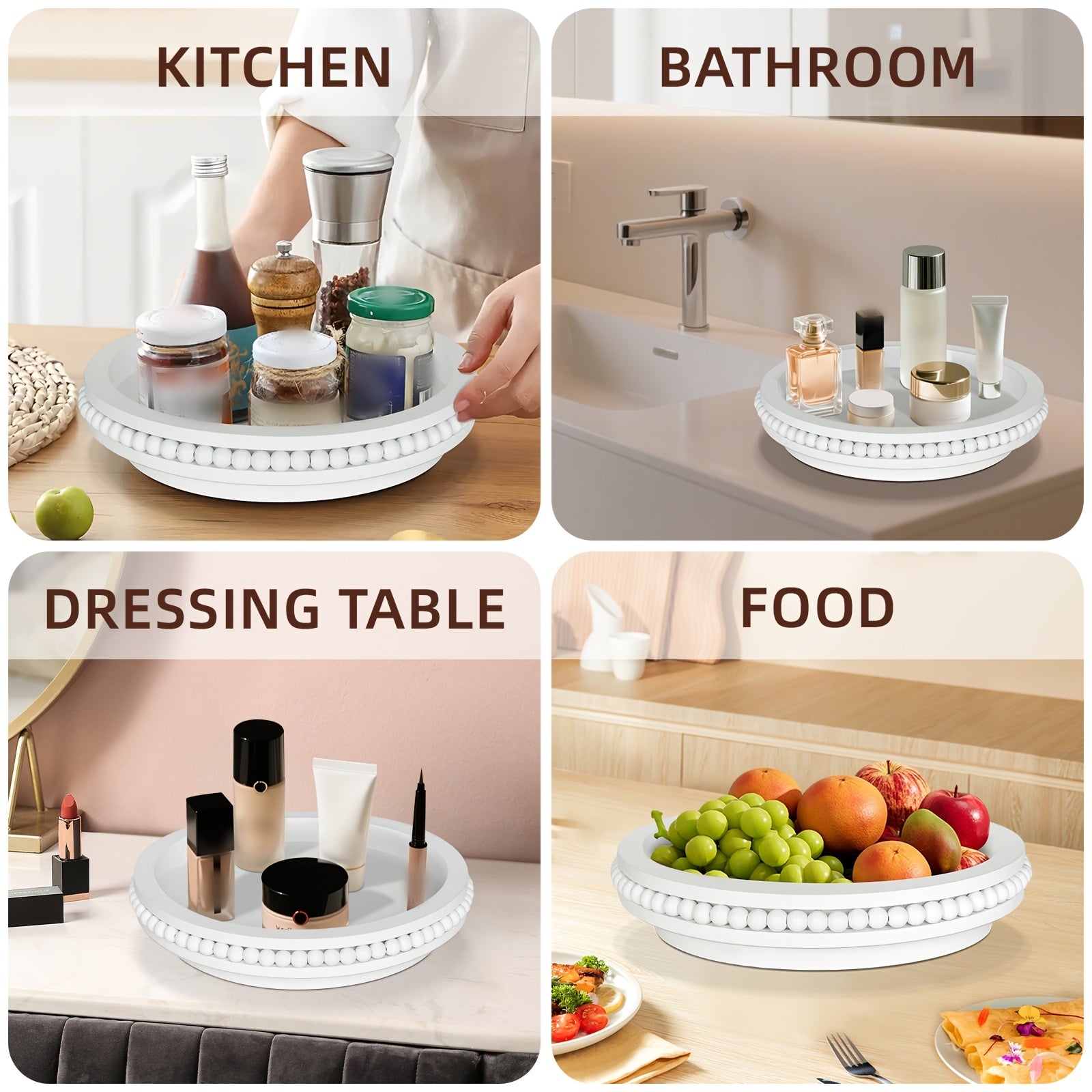 Kitchen Essential – Lazy Susan Turntable Organizer With Beads, 360 Degrees Rotating Display Stand For Spice Racks, Farmhouse Countertop Organizer For Bathroom, Kitchen, Bedroom, Livingroom,
