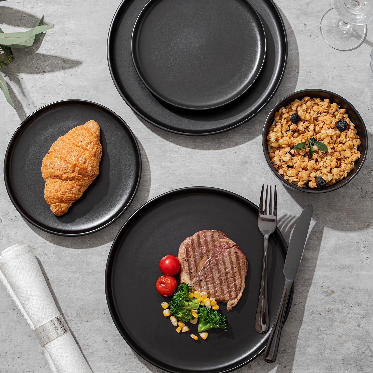 12pcs Matte Black Stoneware, Scratch  Stylish Straight Shapes Plates And Bowls, Christmas Kitchen Accessories, Service for 4, Minimalist Round Style, Microwave And Dishwasher Safe