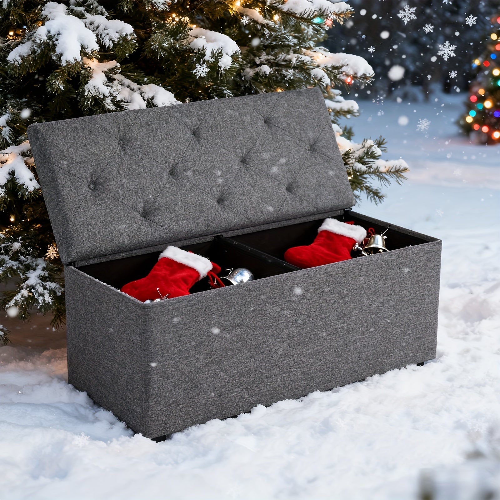 [Multi-Purpose Ottoman Bench] Heavy-Duty Multi-Purpose Folding Storage Ottoman Bench with Seat | Indoor/Outdoor, Space-Saving Design, Non-Porous Easy-Clean Surface - Perfect for Living Room, Bedroom, Patio, Garden Tool Storage - Gray Organizer Bench