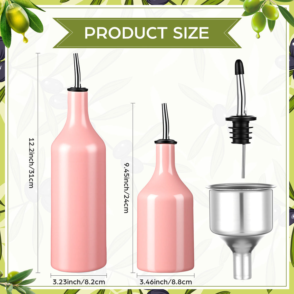 2pcs Ceramic Pink Olive Oil Dispenser Bottle for Kitchen with Stainless Steel Spout Large Capacity for Storage of Oil, Vinegar, Coffee Syrups And Other Liquids