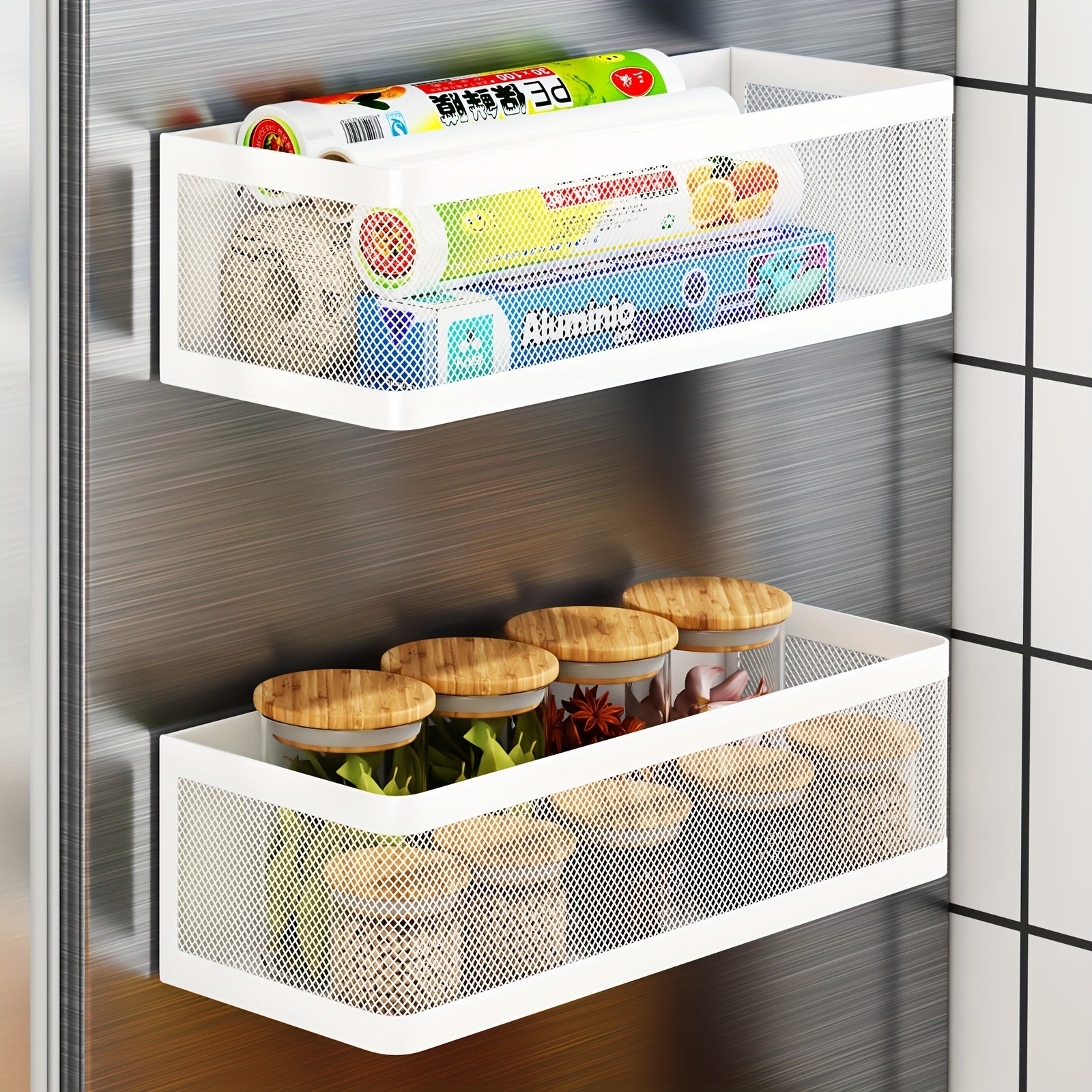 1 Set Refrigerator Magnetic Shelf Metal Spice Rack Basket Seasoning Oils Kitchen Gadgets, Large Capacity, Strong Magnetic Adhesion, Floating Shelves