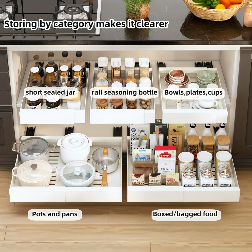4-Pack Carbon Steel Expandable Pull Out Cabinet Organizer (12.6"-20.6"W), Rust-Resistant Silent Sliding Drawers with Adhesive Nano Film Or Nail Installation, 17" Deep Slide Out Drawers for Kitchen, Pantry