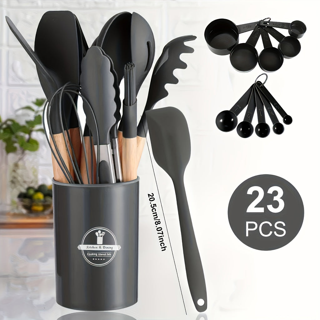 Upgrade Your Kitchen with 23pcs (12pcs kitchen utensils + 5pcs small colanders + 5pcs large colanders + 1pc small scraper) Silicone Cooking Tools Set in a Colorful Storage Container with Wooden Handles - Sturdy, Trendy Quality Kitchen