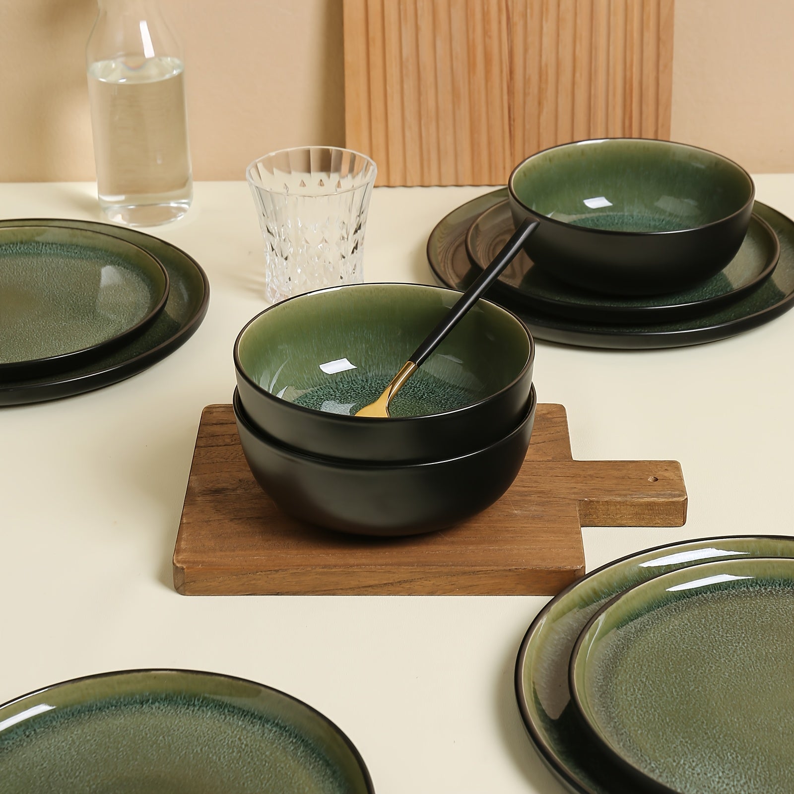Premium 12pcs Home Storage Organizer – space-saving everyday organization, ALOFMO 12pcs Cyan-Gray Green Reactive Glaze Ceramic Dinnerware Set - Modern Stoneware Plates Bowls, designed for American homes, daily convenience and practical gifting