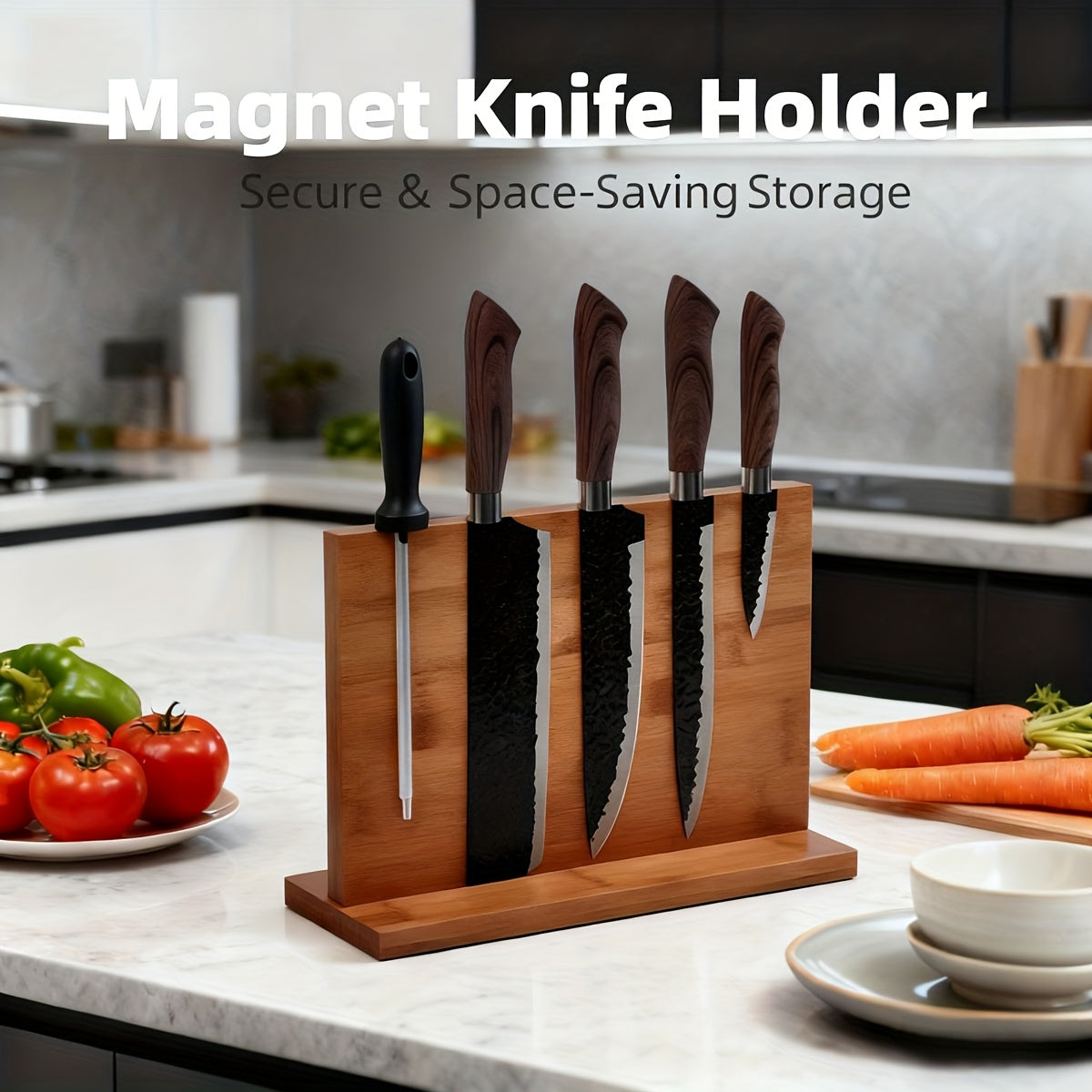 Home Storage Organizer – Magnetic Knife Block & Holder - Non-Slip Magnetic Knife Stand with Knife Storage, Space-Saving Countertop Organizer, - Locking System, Board Compatible (No Knife Sha