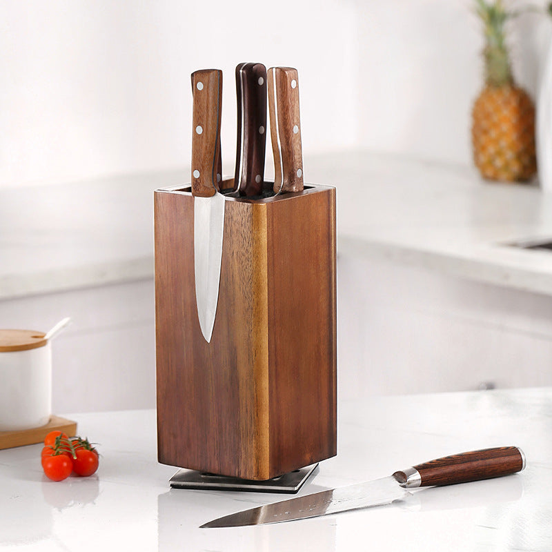 1pc 360° Rotating Magnetic Knife Holder with Wooden Base & Magnetic Suction Cup Mount - Space-Saving Vertical/Horizontal Knife Storage, Secure Magnetic Grip, One-Touch Operation, Compatible with Chef, Paring, Bread Knives - Modern Kitchen Organizer