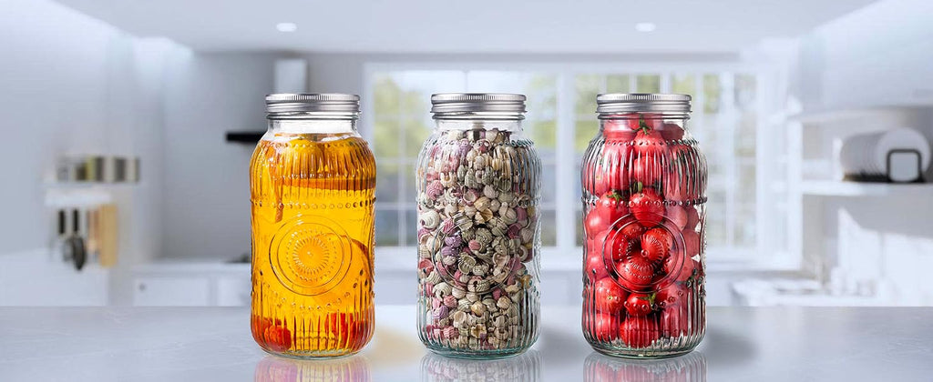 Space-Saving 64oz Mason Jar Set – clear reusable pantry storage, Amzcku 64oz Vintage Mason Jars with Lids Wide Mouth 2 Quart Canning Jar Half, designed for American homes, daily convenience and practical gifting
