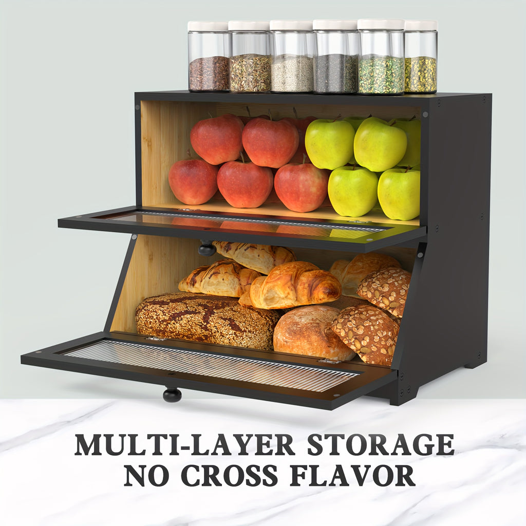 Double Layer Bamboo Bread Box for Kitchen Counter-Large Capacity Bread Storage Container Farmhouse Bread Box with Window Bread Holder