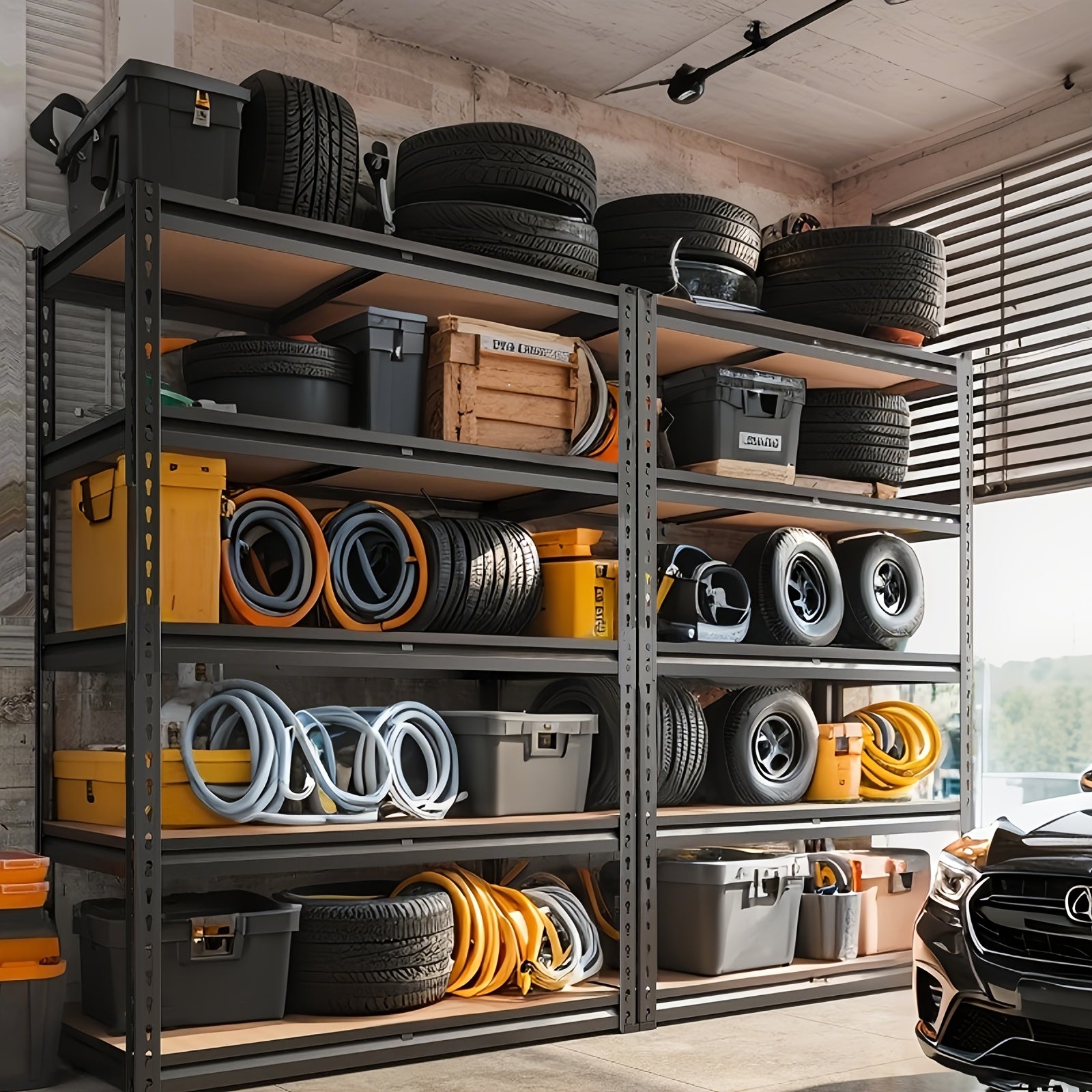 2000 Capacity Heavy-Duty 5-Tier Industrial Shelving Unit - Adjustable Height (72"/60") Black Metal Storage Rack with Open & Enclosed Shelves, Freestanding Garage, Pantry, Closet Organizer, Easy Assembly Utility Shelf with & Hammer, Utility Shelves