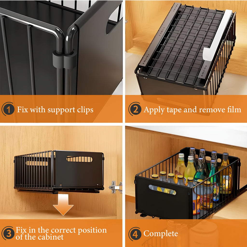 Kitchen Essential – 2pcs, Cabinet Pull-out Storage Basket, Bathroom Sink Slide-out Storage Basket, Sliding Multipurpose Organizer, Spice Rack, Snack Rack, Household Items And Cleaning Suppli
