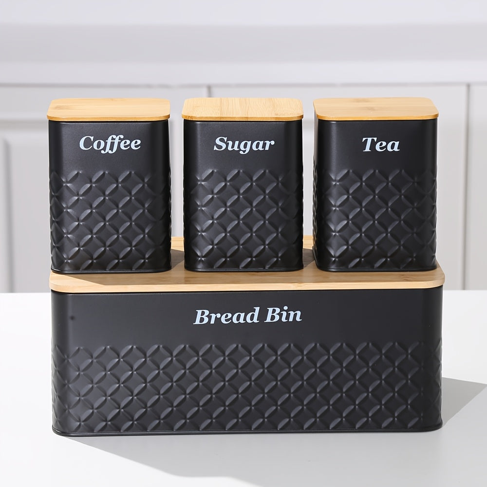 Compact Airtight Storage Jar Set – clear reusable pantry storage, Black Bread Bin with 3 Square Canisters, designed for American homes, daily convenience and practical gifting
