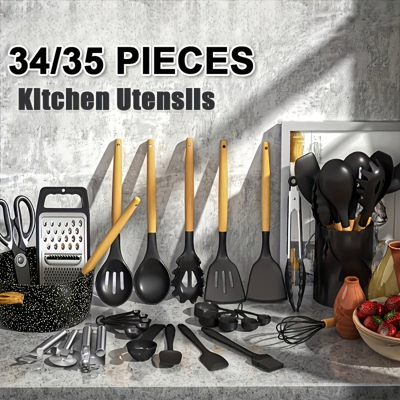 Kitchen Essential – Kitchen Utensil Set - 34/35pcs Silicone Cooking Utensils, Heat-Resistant Kitchen Utensil Spatula Set, Suitable for Non-Stick Pans, Wooden Handle Kitchen Tool Set for Mode