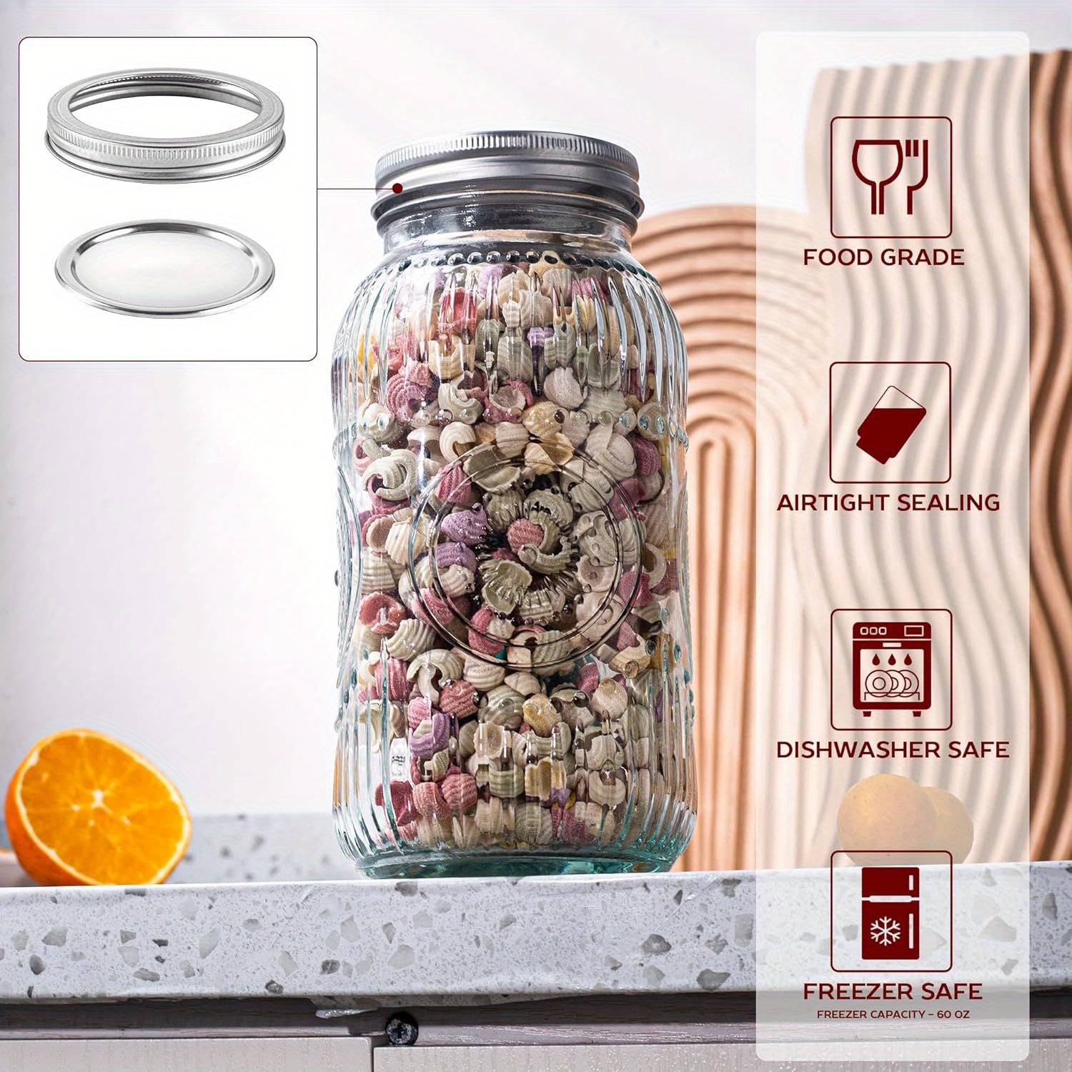 Space-Saving 64oz Mason Jar Set – clear reusable pantry storage, Amzcku 64oz Vintage Mason Jars with Lids Wide Mouth 2 Quart Canning Jar Half, designed for American homes, daily convenience and practical gifting