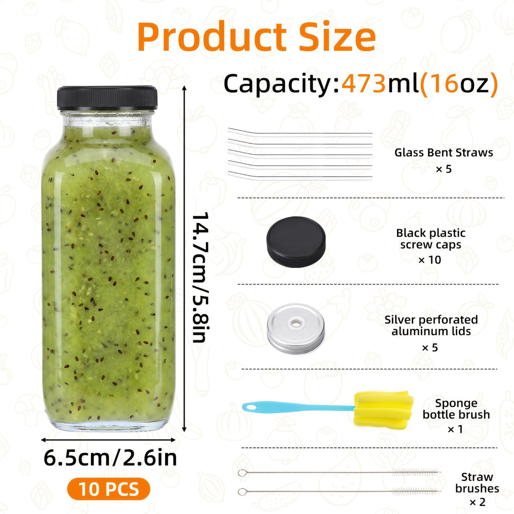TOMNK 10 Pack 16Oz Glass Juice Bottles Featuring Lids, Reusable Containers for Juices, Drinking Jars, Water Cups Including a Brush, Glass Straws, Lids with Openings, Suitable for Halloween And Christmas, Ideal for Beverages, Juices, Squeezed Drinks