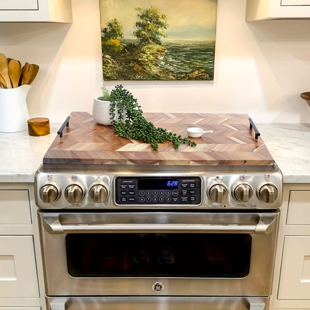 Acacia Wood Serving Tray Stovetop Cover with Handles - Stylish Kitchen Sink Protector for Gas and Electric Stoves, Polished Finish, Counter Space Saver, Durable and Easy to Clean, Stove Top Protectors