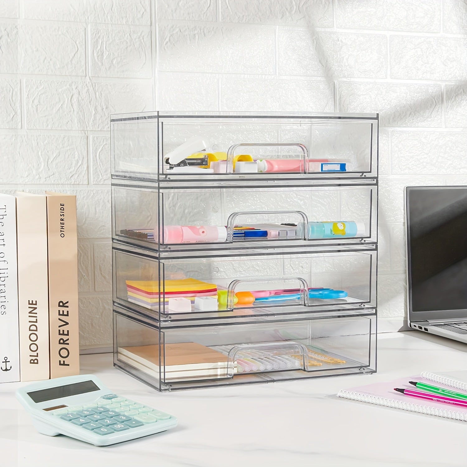 7.5"D X 12.1"W X 3.5"H Table And Drawer Storage, 2-Pack Clear Stackable Storage Drawers, Acrylic Plastic Organizer Bins, Ideal for Desk Organization, Desk & Drawer Organizer for Home Storage
