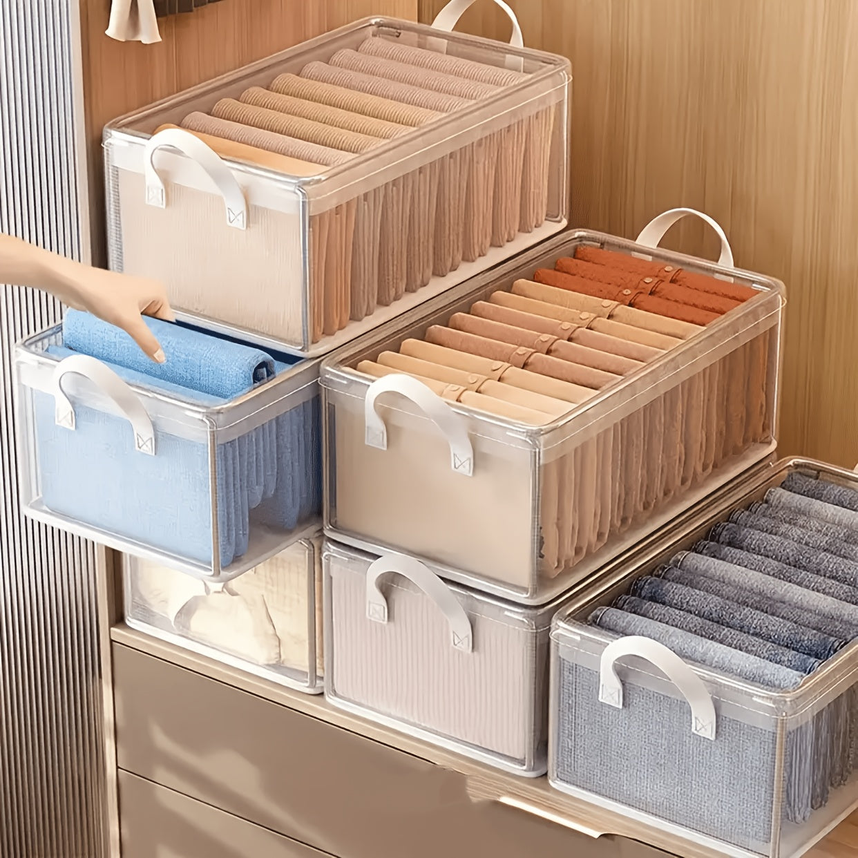 Modern 6pcs Stackable Home Storage Bins – portable space-saving storage, 6pcs Storage Box Stackable Steel Frame Wardrobe Storage Box Transparent Foldable PVC Storage Box, designed for American homes, daily convenience and practical gifting
