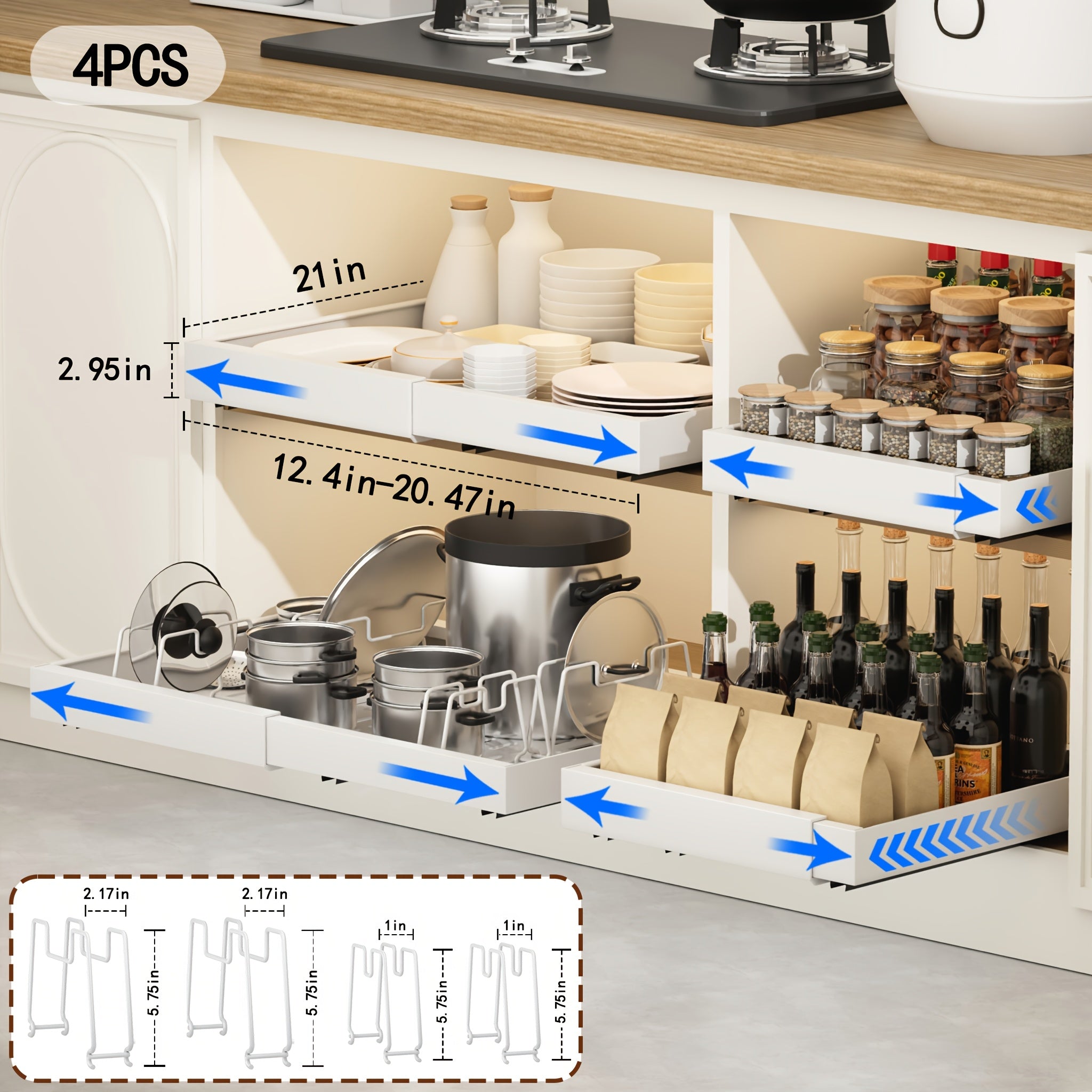 Storage Rack – 1 4pcs Expandable Kitchen Cabinet Pull-out Drawers Sliding Storage Racks