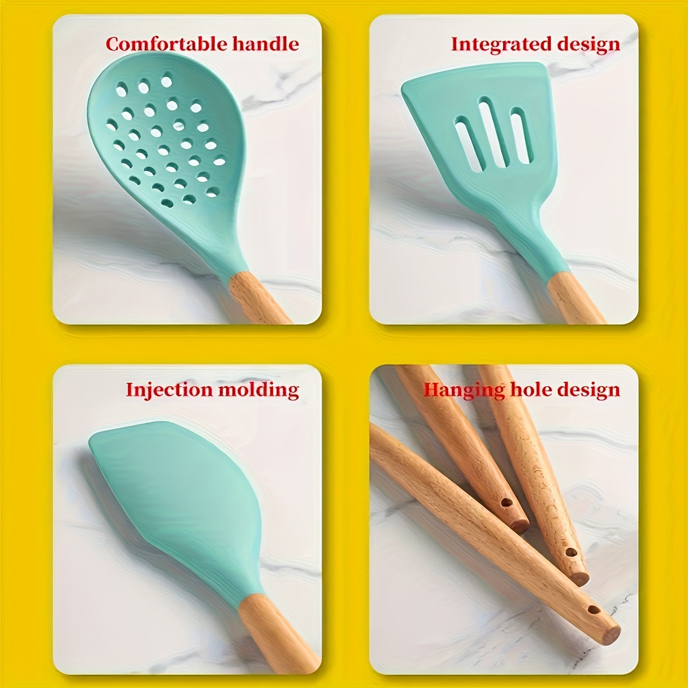 Upgrade Your Kitchen with 23pcs (12pcs kitchen utensils + 5pcs small colanders + 5pcs large colanders + 1pc small scraper) Silicone Cooking Tools Set in a Colorful Storage Container with Wooden Handles - Sturdy, Trendy Quality Kitchen