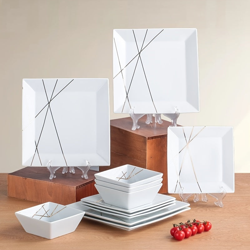 12pcs Ceramic Tableware Set, Modern Light Luxury Golden Line Tableware Plate, 10-Inch And 7.6-Inch White Black Steak Plate, Pasta Plate, Dessert Plate, Salad Bowl, Soup Bowl, Complete Tableware, Suitable for Home And Restaurant, Housewarming Gifts