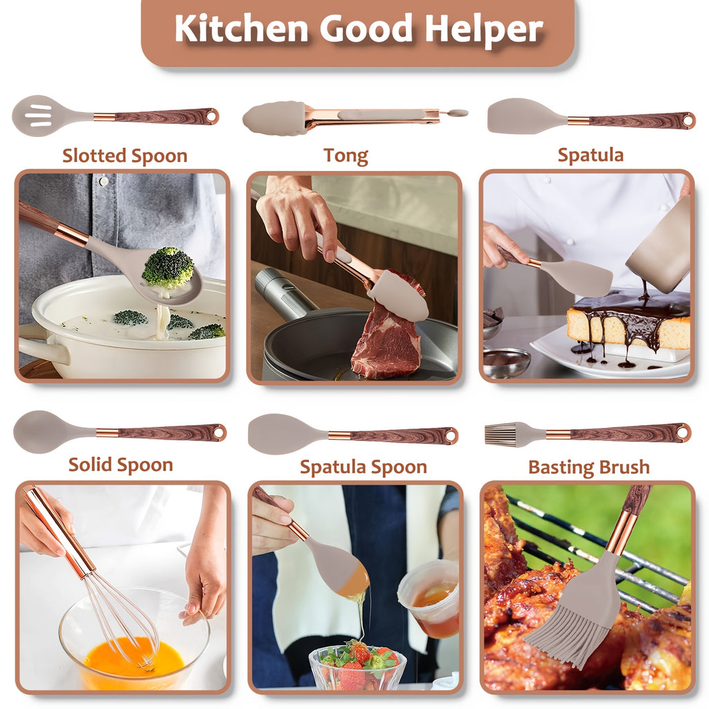 24pcs Silicone Cooking Utensils Set - Kitchen Utensils Set with Storage Box, Wood Pattern Handle Silicone Utensils for Cooking with Food Safety Turner, Pasta Server, Skimmer, Ladle, Spoon, Tong, Whisk