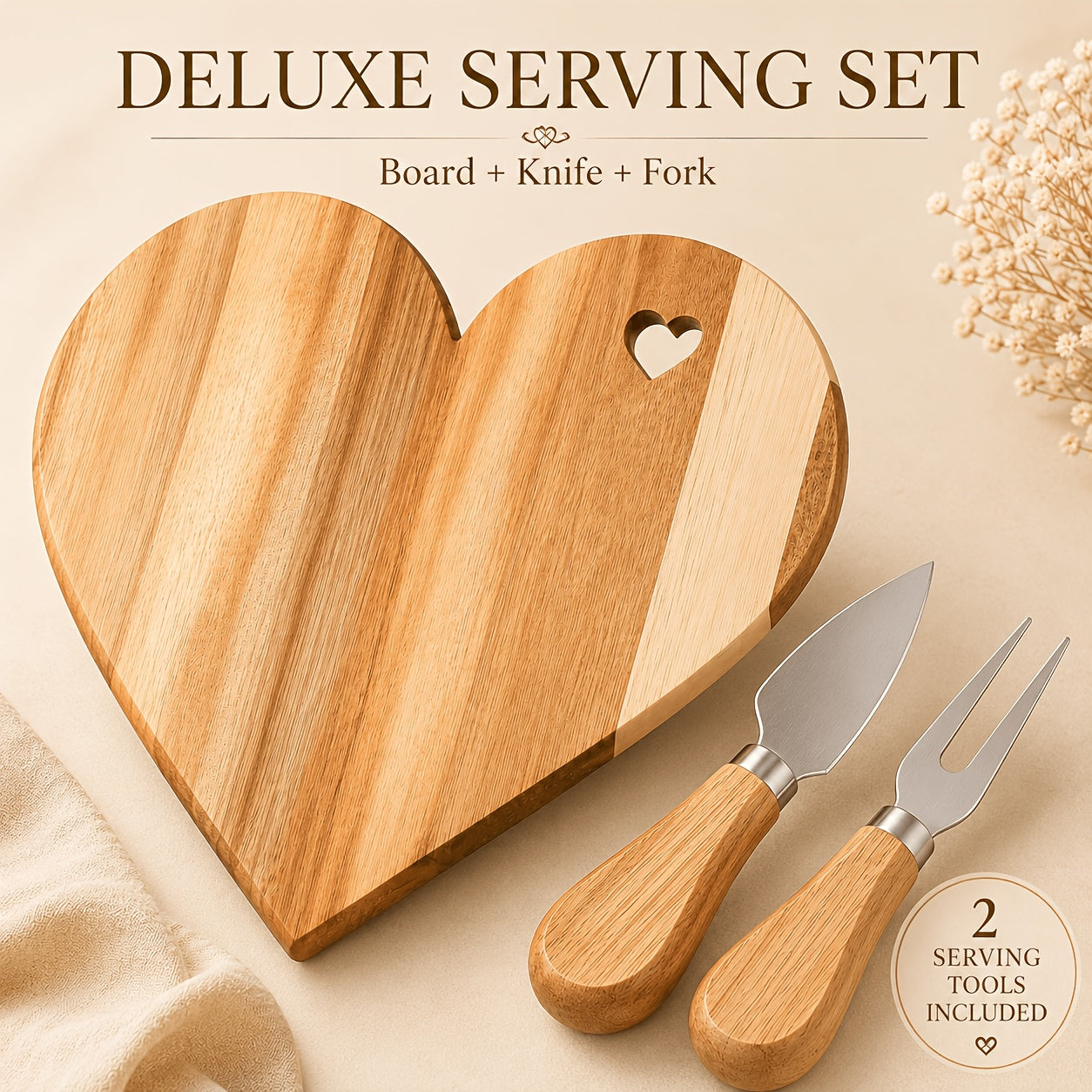 Heart-Shaped Acacia Wood Charcuterie Board with Optional Knife & Fork Set Suitable for Cheese, Fruit, Dessert Serving Tray - Polished Wood Board for Parties, Picnic, Holiday Gift for Christmas, Easter, Valentine' Day