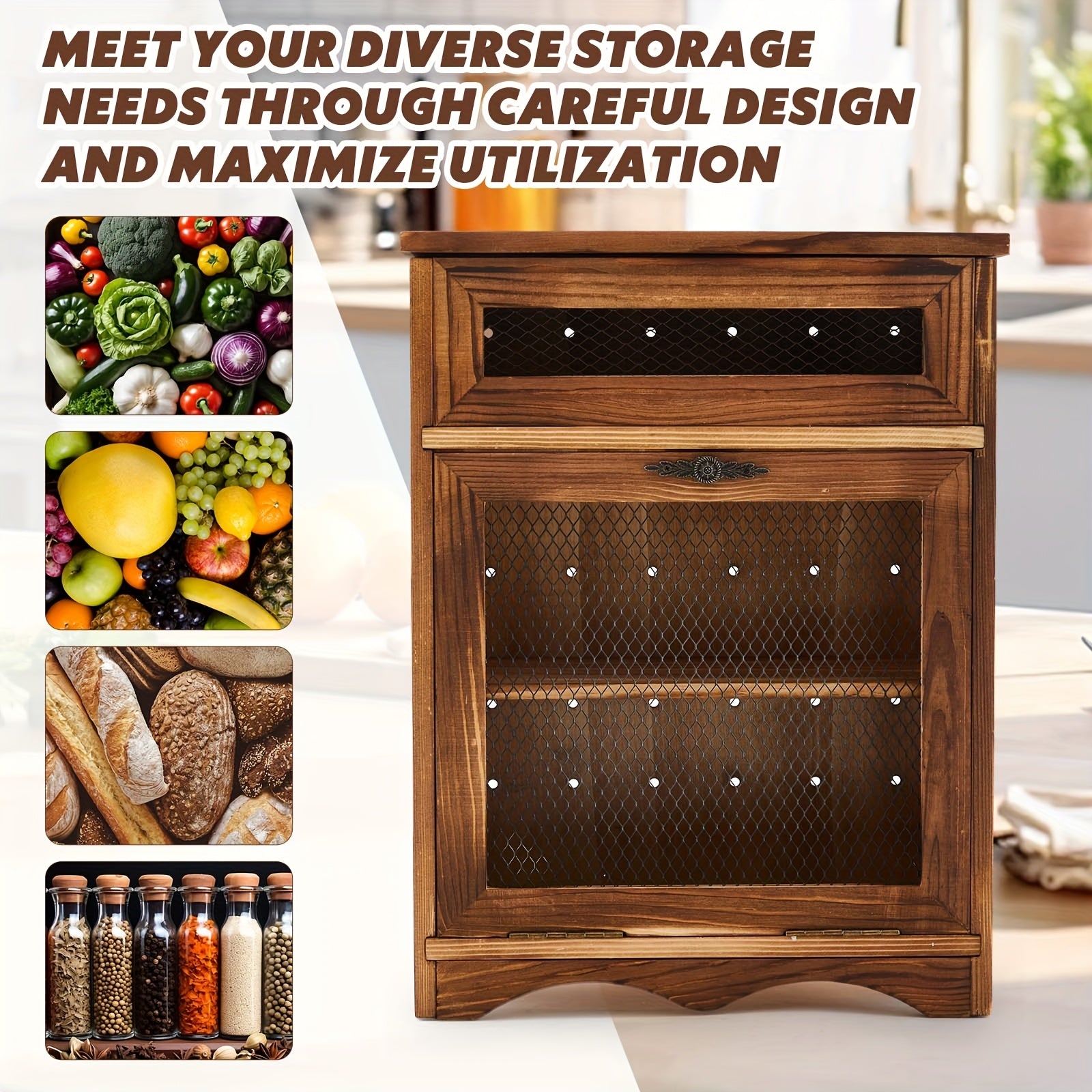 Heavy-Duty Countertop Bread Storage Box – fresh-bread countertop organization, Wooden Countertop Storage Cabinet Potato And Onion Bin Box Wooden Bread Storage Bins Potato, designed for American homes, daily convenience and practical gifting