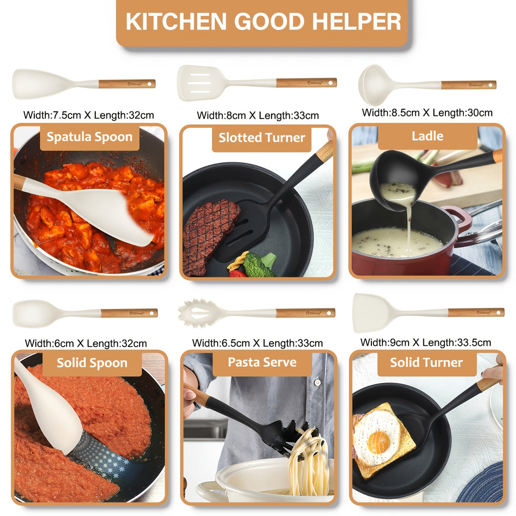 10Pcs Silicone Cooking Utensils Set , Nonstick Kitchen Utensils Set with Wooden Handle, Heat Resistant Spatula Set for Cooking, Heat Resistant Silicone Kitchen Gadgets Tools with Spoons, Spatula Set, Turners