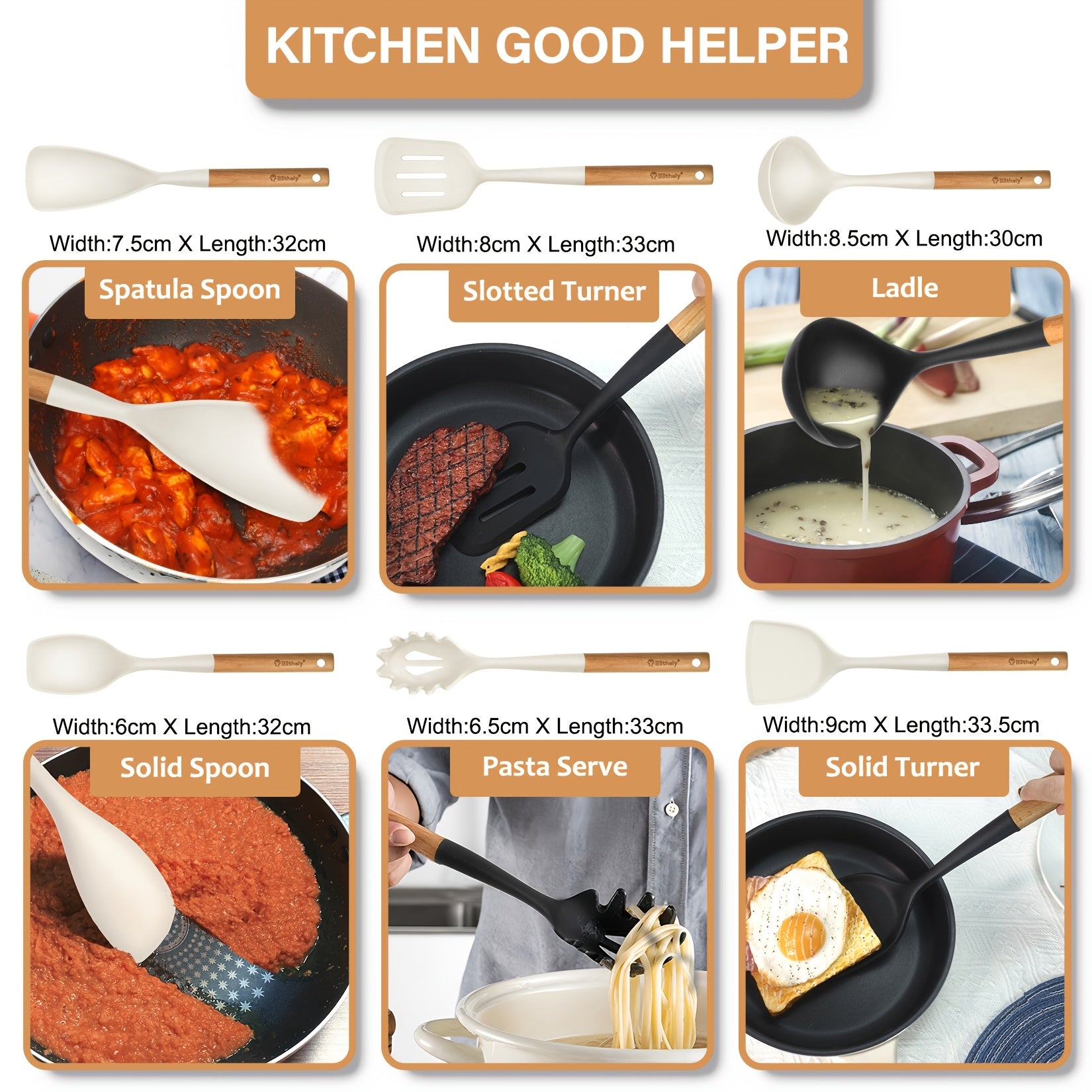 Kitchen Essential – Set of 6 Silicone Kitchen Tools with Wooden Handles, Heat-Resistant Spatula Set Suitable for Nonstick Cookware, Including Spatula, Turner, Spoon, And Ladle, Free from BPA