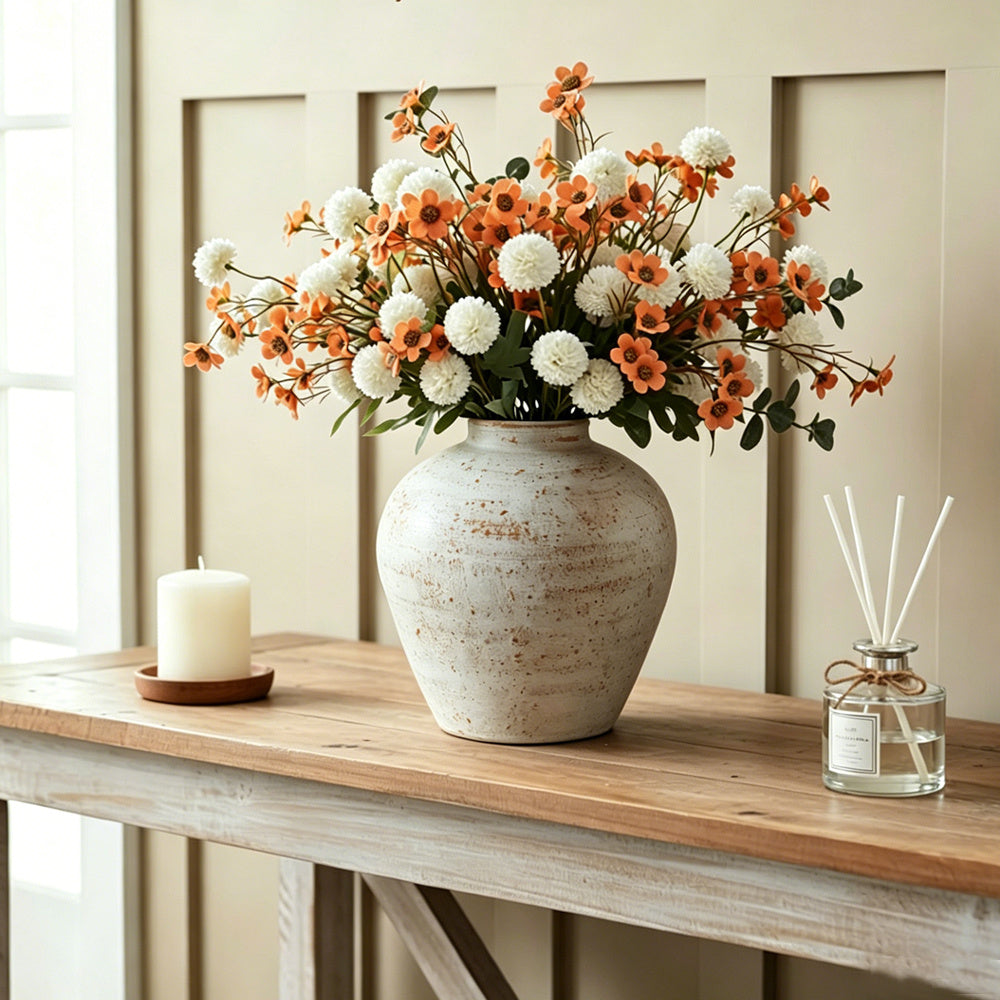 Small White Rustic Round Vase for Table Centerpieces 6 inches, Earthy Stone Look, Textured, Modern Homes Farmhouse Centerpiece Decor