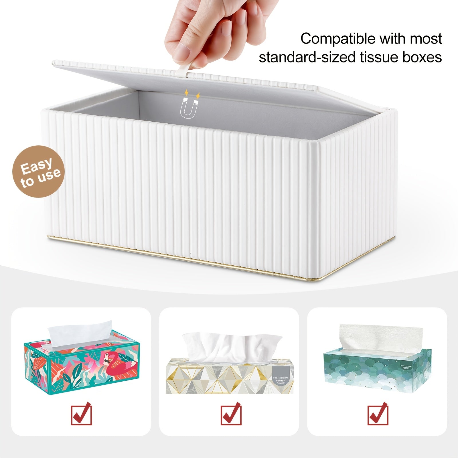 Smart Stackable Home Storage Bins – portable space-saving storage, Cream White Vertical Striped Faux Leather Tissue Box With Golden Trim Desktop Napkin Dispenser, designed for American homes, daily convenience and practical gifting