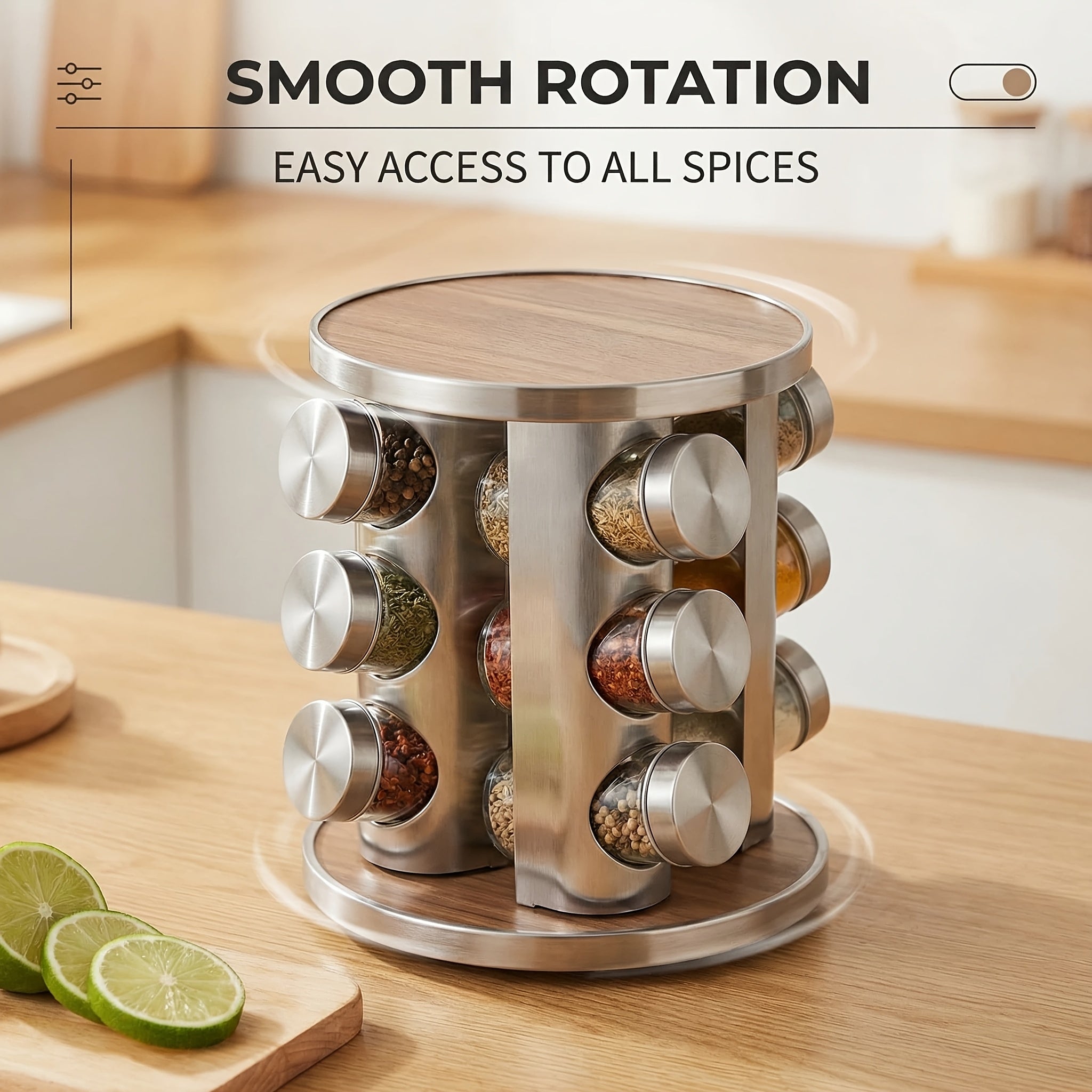 Versatile Refrigerator Bottle Organizer – easy-access beverage storage, Multi-Functional Spice Rack 360-Degree Rotating Stainless Steel Brushed Finish Countertop Mount Leak-Proof Heavy-Duty Space-Saving, designed for American homes, daily convenience