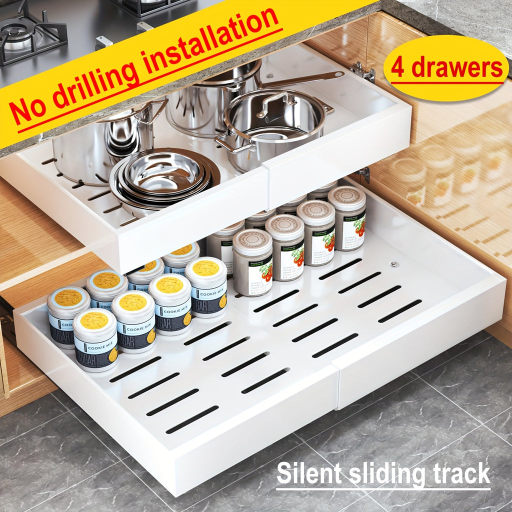 4-Pack Carbon Steel Expandable Pull Out Cabinet Organizer (12.6"-20.6"W), Rust-Resistant Silent Sliding Drawers with Adhesive Nano Film Or Nail Installation, 17" Deep Slide Out Drawers for Kitchen, Pantry