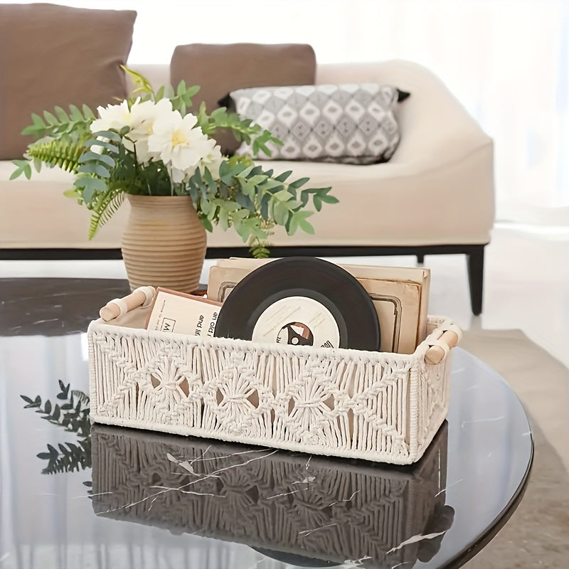 2/4pcs Bohemian Hand-woven Storage Basket In Textile Material With Grid Design Desktop Organization Box For Home And Office