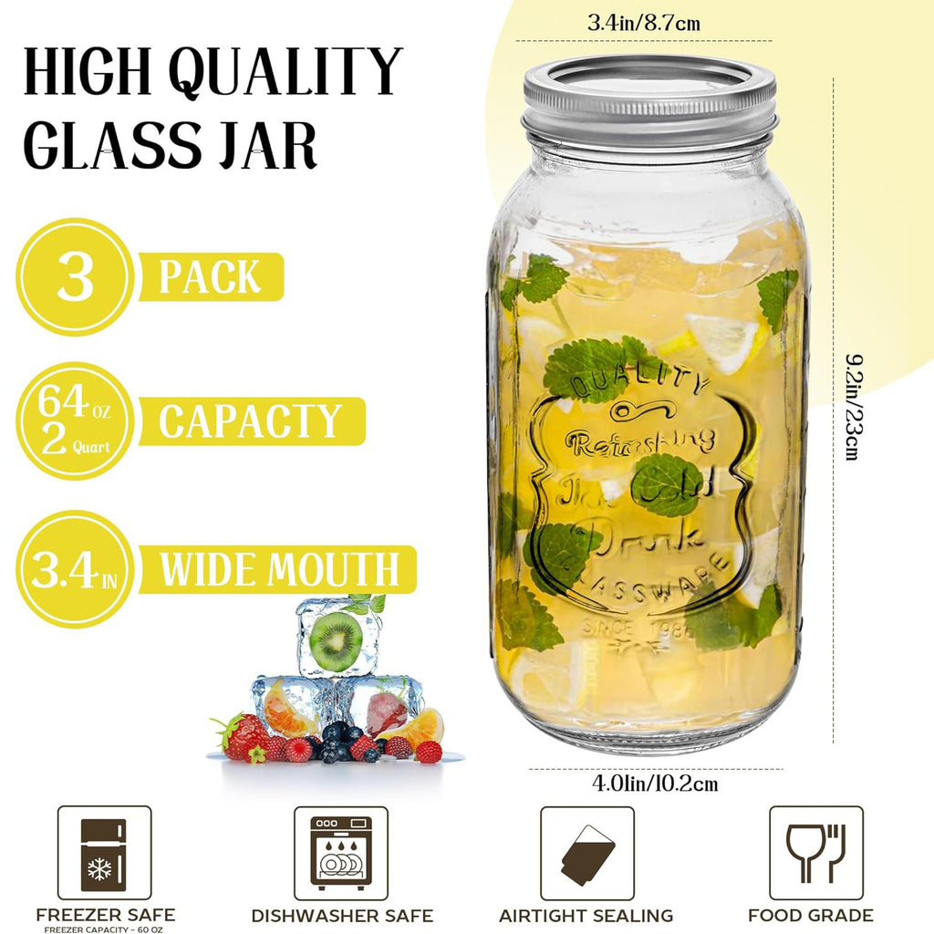 Space-Saving 64oz Mason Jar Set – clear reusable pantry storage, Amzcku 64oz Vintage Mason Jars with Lids Wide Mouth 2 Quart Canning Jar Half, designed for American homes, daily convenience and practical gifting