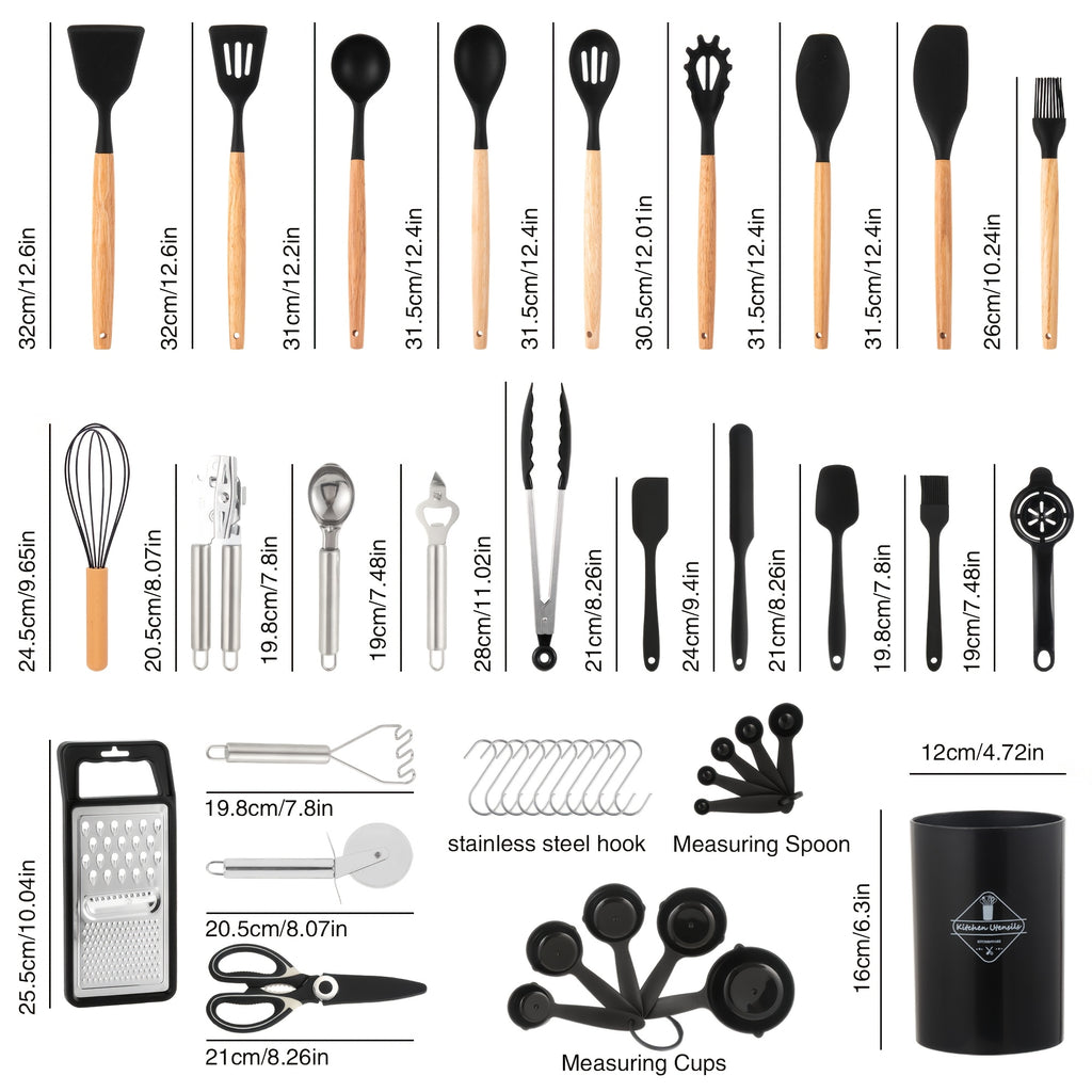 Kitchen Essential – 44pcs Silicone Kitchen Utensil Set with Holder, Nonstick Cooking Utensils, Wooden Handle Kitchen Tools, Spatula Turner Spoon Tongs Whisk Measuring Cups, Kitchen Accessori