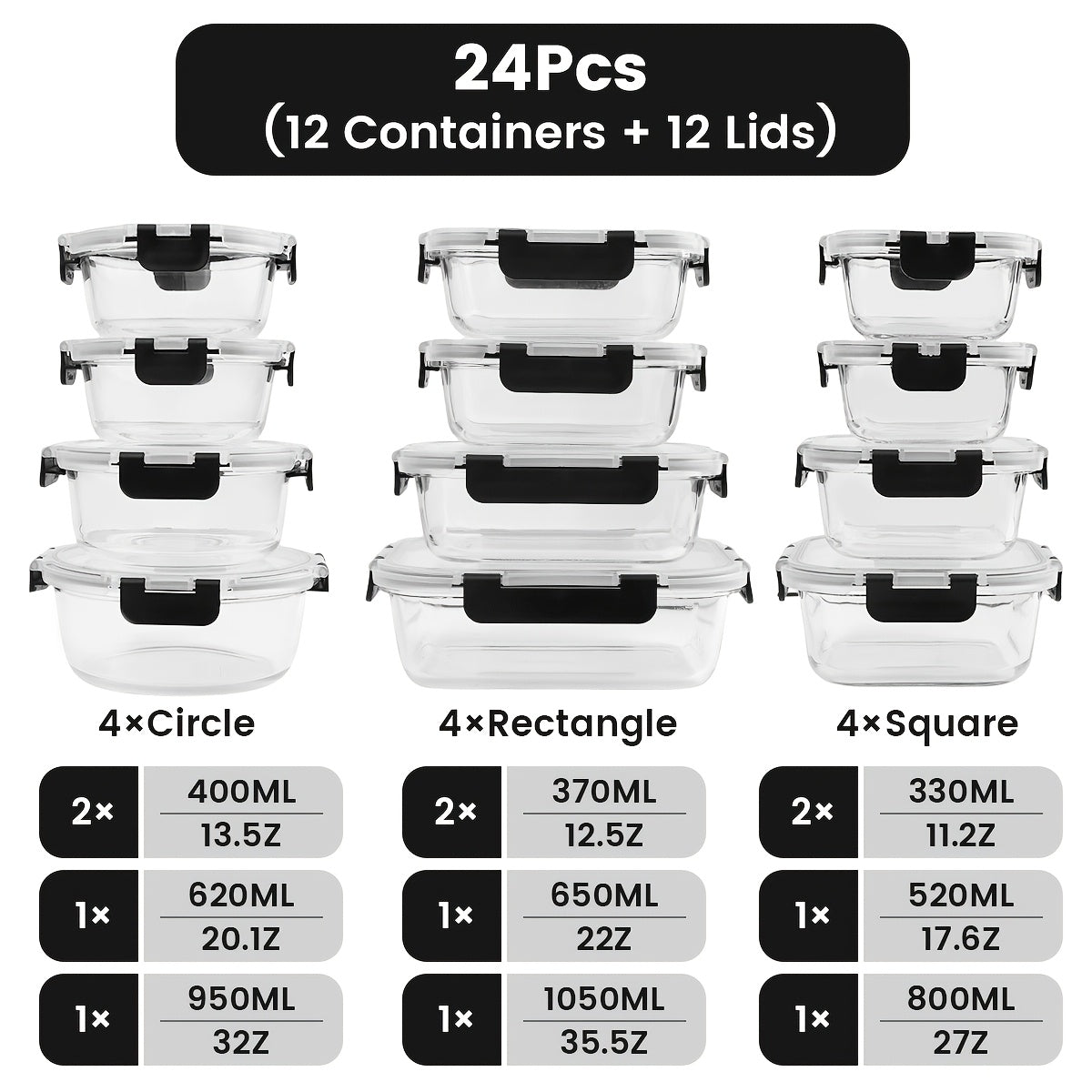 12 Glass Food Containers Set Glass Food Meal Prep Containers with Leakproof Airtight Lids Perfect for Lunch On the Go Leftover BPA Free Glass Bento Boxes