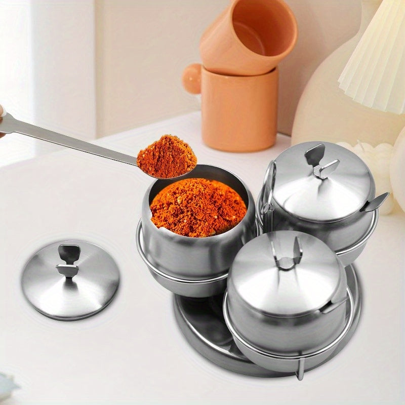 Premium 3pcs Adjustable Home Storage Rack – durable multi-purpose storage, 3pcs Stainless Steel Rotating Spice Rack Condiment Set with Spinning Base Lids Spoons -, designed for American homes, daily convenience and practical gifting