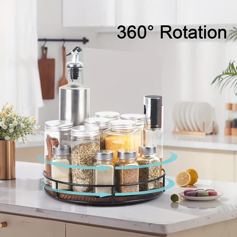 Space-Saving 1pc Refrigerator Bottle Organizer – easy-access beverage storage, 1pc Wooden Storage Rack with Steel Armrests Turntable Organizer for Cupboard Pantry Kitchen Countertop, designed for American homes, daily convenience and practical giftin