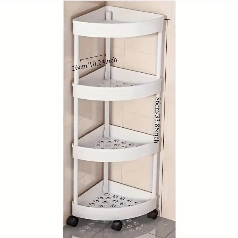 Rotating Wheel Bathroom Corner Shelf, Fan-Shaped Three-Layer Storage Rack, Space-Saving 90 ° Corner Design, Thickened And Elevated, Hollow Drainage, Plastic Material, Suitable for Bathroom, Kitchen, Bedroom, Living Room, Utility Racks