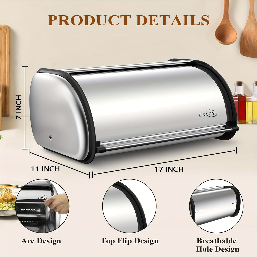 13 "Stainless Steel Roll Top Bread Box, Suitable for Countertop Bread Storage Containers with Stainless Steel Lid - Fresh And Insect Resistant, Can Hold Multiple Large Breads And Other Baked Goods Including Bagels Muffins, Fruit, Etc