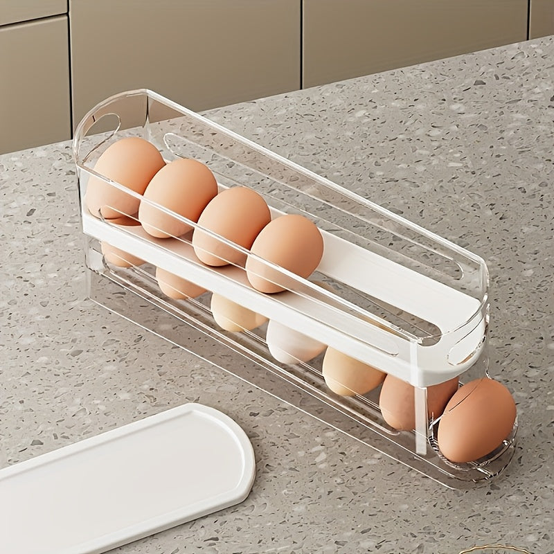 Automatic Rolling Sliding Egg Rack, Space-Saving Design with Easy Access Sliding Tiers And Transparent Compartment, for Kitchen And Refrigerator Storage, Durable No Batteries Required