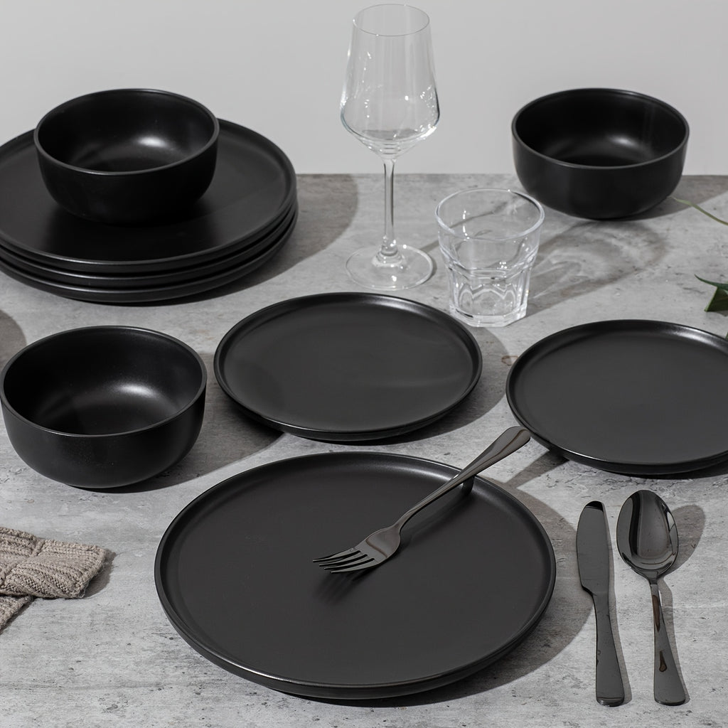 12pcs Matte Black Stoneware, Scratch  Stylish Straight Shapes Plates And Bowls, Christmas Kitchen Accessories, Service for 4, Minimalist Round Style, Microwave And Dishwasher Safe