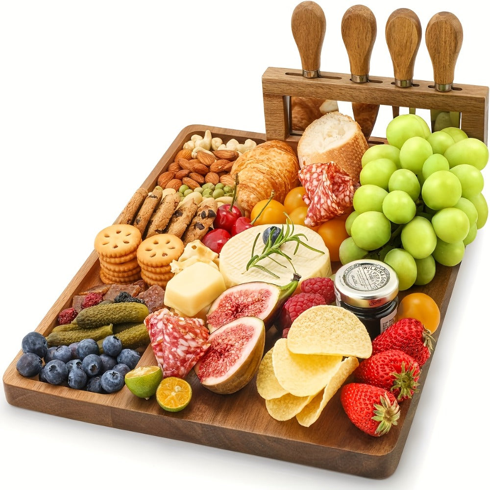 Compact Home Storage Organizer – space-saving everyday organization, Bamboo Charcuterie Board Set with 4 Stainless Steel Knives Magnetic Holder - Large Divided, designed for American homes, daily convenience and practical gifting