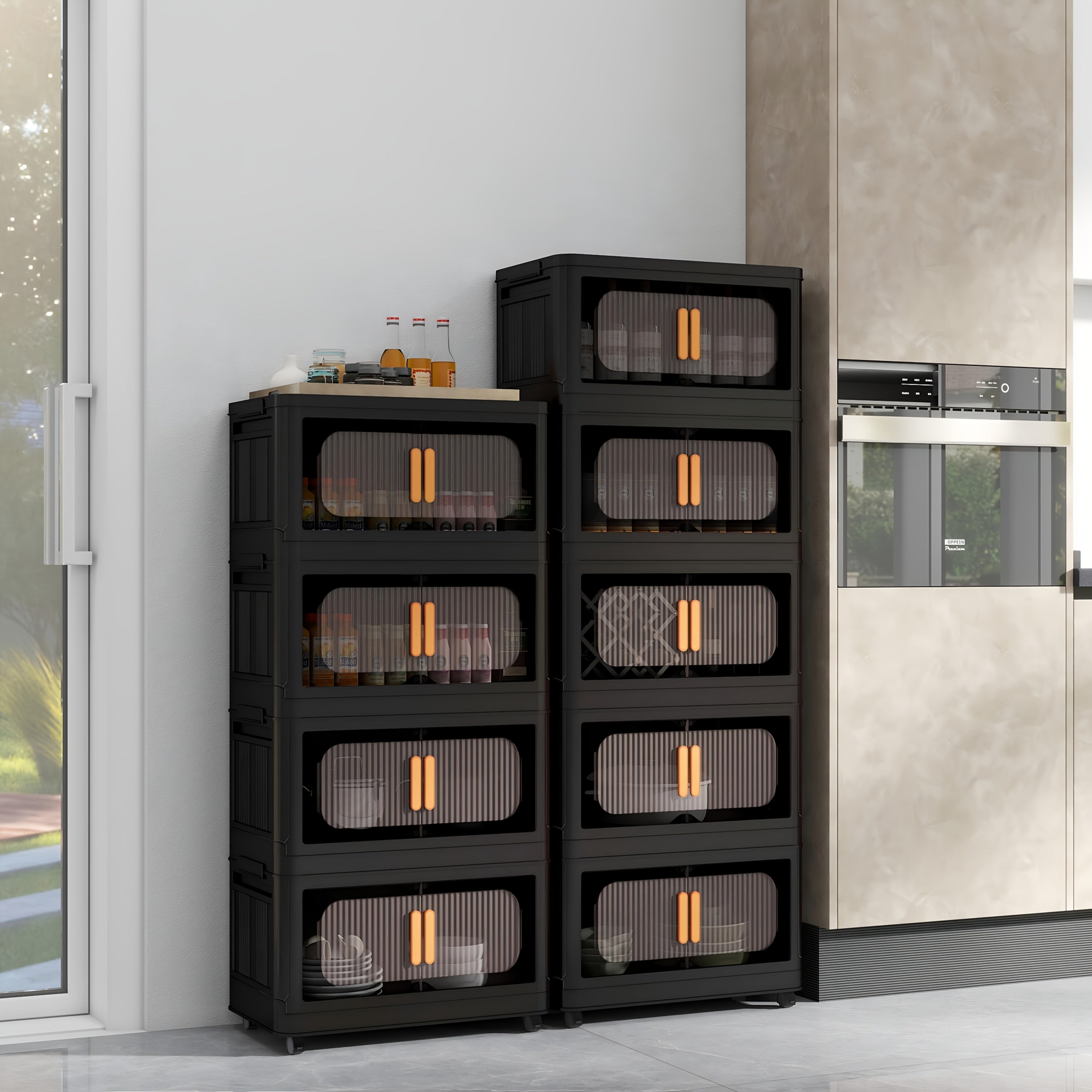 4/5 Tier Large Double Door Storage Locker & Bin, Collapsible Stackable Sturdy Space-Saving Plastic Organizer with 360° Rotatable Lockable Wheels - All-Purpose Organizer for Dorm, Office, Closet, Living Room, Gym, School, Garage, Bedroom, Basement