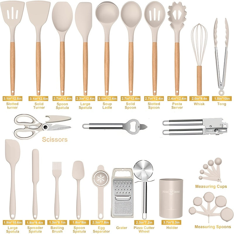 Kitchen Essential – Kitchen Utensil Set - 34/35pcs Silicone Cooking Utensils, Heat-Resistant Kitchen Utensil Spatula Set, Suitable for Non-Stick Pans, Wooden Handle Kitchen Tool Set for Mode
