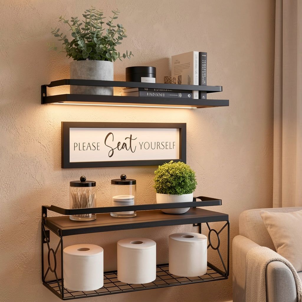 3-Tier Floating Shelves for Wall Decor | Black Metal Guardrail, Over Toilet with Storage Basket, Suitable for Bedroom, Living Room, Kitchen and Bathroom